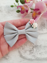 Load image into Gallery viewer, Grey Pink Flower Bow
