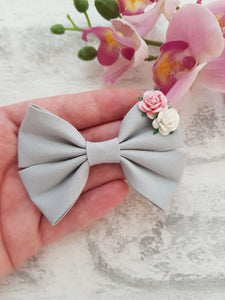 Grey Pink Flower Bow