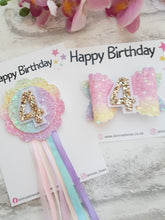 Load image into Gallery viewer, Rainbow Birthday Bow &amp; Badge
