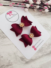 Load image into Gallery viewer, Burgundy Velvet Gem Pigtail Bows
