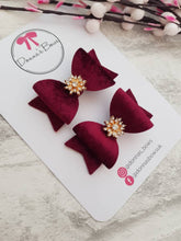 Load image into Gallery viewer, Burgundy Velvet Gem Pigtail Bows
